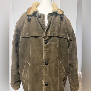 Vintage Mens Sears Corduroy Sherpa Lined Coat buttons pockets leather tabs sz L